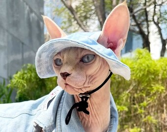 Sphynx Katzen Eimer Hut mit Ohrlöchern, Sommer Haarlose Katze Topee, Katze Sunbonnet Cap Visor Hut, Sonnenschutz Cap Travel Wanderhut für Haustier