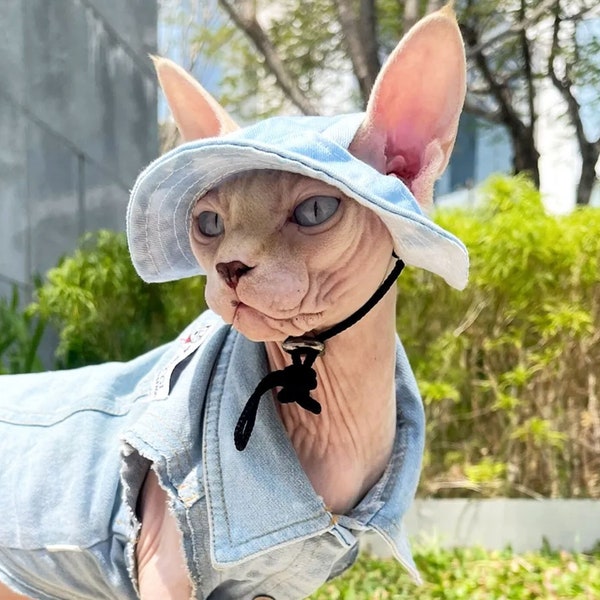 Sphynx Cat Bucket Hat with Ear Holes, Summer Hairless Cat Topee, Cat Sunbonnet Cap Visor Hat, Sun Protection Cap Travel Hiking Hat for Pet