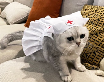 Costume d'infirmière de chat Costume d'Halloween, robe d'infirmière avec une casquette d'infirmière, tenue d'infirmière de chat, costume de dentiste de chien, vêtements de fête de cosplay d'animal de compagnie de chien de chat