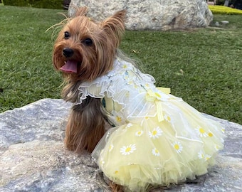 Daisy Flower Dog Dress, Summer Dog Tutu Dress Yellow, Cat Dog Wedding Dress, Cat Dog Birthday Outfit Dog Princess Costume Pet Clothes Custom