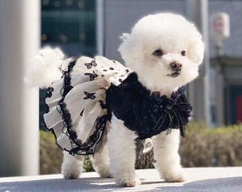 Black and White Flower Dress, Butterfly Embroidered Tulle Fancy Dog Dress, Cat Dog Wedding Gown Dog Birthday Princess Costume Pet Clothes