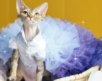 Sparkling Purple Ombre Long Trail Gown, Dog Birthday Prom Dress Glittering Tulle, Cat Dog Wedding Dress Floor Length, Dog Princess Costume