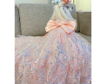 Pink Sparkling Long Trailing Gown, Cat Dog Wedding Dress Floor Length Prom Gown, Dog Princess Costume Inspired Sleeping Beauty, Pet Clothes