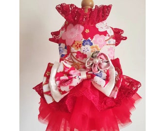 Cat Kimono, Dog Japanese Kimono Holiday Costume, Sakura Tulle Fancy Dress, Cat Dog Birthday Outfit, Dog Wedding Gown Red, Pet Clothes Custom