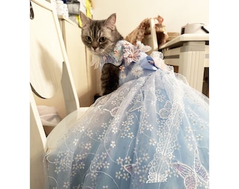 Cat Wedding Long Trail Dress, Sparkling Butterfly Floor Length Gown for Cat, Halloween Cat Princess Costume, Cat Birthday Outfit Pet Clothes