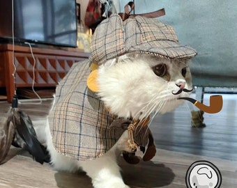 Costume de détective chat Halloween, chapeau de harceleur avec trou pour oreilles, cape de détective inspirée de Sherlock Holmes pour grand chat, vêtements personnalisés pour animaux de compagnie