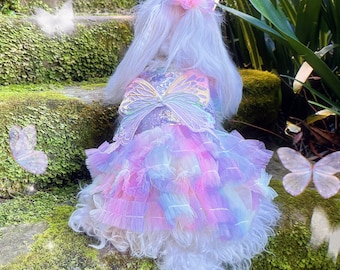 Sparkling Butterfly Rainbow Fairy Costume, Dog Halloween Costume Magic Rainbow Fairy, Dog Tutu Dress with Wings, Pet Cosplay Party Prom Gown