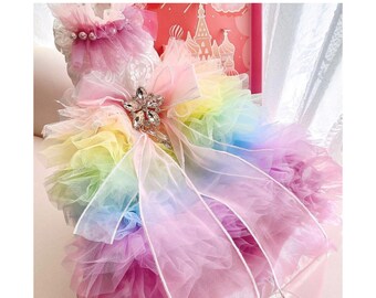 Rainbow Ombre Long Trail Dress, Dog Birthday Quinceanera Prom Gown, Cat Dog Wedding Dress Floor Length, Dog Princess Costume Pet Clothes