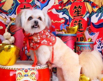 Cape à bavette bandana pour chien du nouvel an, cape à fleurs rouges pour chiens et chats, costume de fête du printemps chinois tenue de nouvel an pour animal de compagnie, cadeaux personnalisés