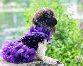 Sparkling Purple Magic Fairy Dog Dress, Dog Halloween Costume, Witch Tutu Dress for Dog, Dog Cosplay Party Gown Birthday Outfit Pet Clothes