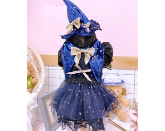 Costume de sorcière de chien Halloween, robe tutu étoile scintillante scintillante pour chiens, chats, fête de cosplay, robe de magicien sorcière crépusculaire, vêtements pour animaux de compagnie personnalisés