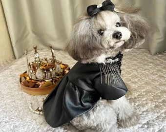 Manteau en similicuir noir pour chiens, chats, trench vintage des années 1980 et 1990 pour animaux de compagnie, robe en cuir gothique steampunk, vêtements pour animaux de compagnie automne hiver sur mesure