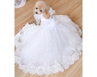 Dog Wedding Dress Pet Long Train Gown, Bride Bridesmaid Luxury White Tulle Dress for Large Dogs and Cats, Birthday Outfit Custom Pet Clothes