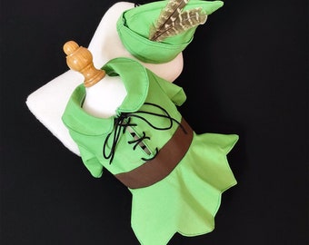 Dog Halloween Costume Inspired from Peter Pan, Elf Outfit Cosplay Party, Green Suit with Cone-shaped Hat, Dog Birthday Outfit Pet Clothes
