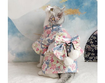 Cat Kimono, Japanese Kimono Dress for Cats and Dogs, Pet Halloween Costume Festive Outfit, Sakura Yukata Pet Clothes with Velcro Closure