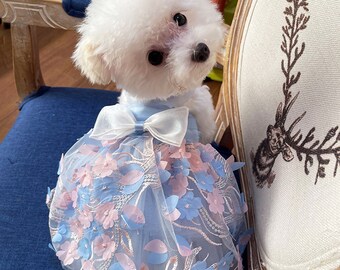 Taille personnalisée robe à fleurs pour chien, fleurs 3D robe en tulle bleu ciel pour grands chiens et chats, mariage d'été anniversaire fleur fée costume vêtements pour animaux de compagnie