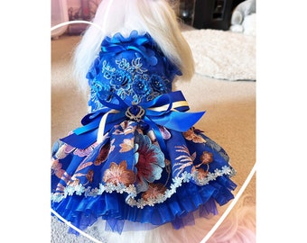 Dog Wedding Dress Blue, Flower Embroidered Tulle Fancy Dress, Dog Prom Gown, Dog Birthday Outfit Dog Princess Costume, Pet Clothes Custom