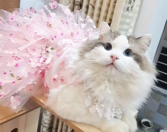 Cat Flower Dress Sakura Pink, 3D Floral Fancy Tutu Dress for Cat, Kitten Cat Wedding Birthday Outfit Cat Princess Costume Pet Clothes Custom