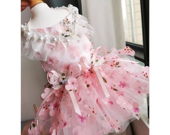 Dog Flower Dress Sakura Pink, 3D Floral Fancy Dress for Dog and Cats, Dog Wedding Birthday Outfit, Princess Costume Pet Clothes Custom Size