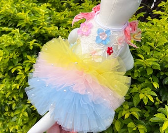 Dog Wedding Dress Custom Size, Sparkly Rainbow Tulle Dress for Large Dogs Cats, Puppy Birthday Outfit Princess Costume Summer Pet Clothes