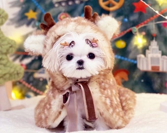 Dog Christmas Costume, Reindeer Hooded Cape for Dogs and Cats, Xmas Reindeer Hoodie Cloak Plush Coat for Pets, Winter Pet Clothes Warm Cape