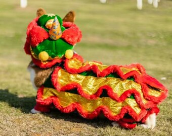 New Year Dog Costume Lion Dance Dress Up, Chinese Spring Festival Red Green Coat with Hat for Large Dogs and Cats Pets, Funny Dog Clothes