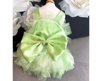 Dog Wedding Dress Custom Size, Green Bow Feather Tulle Dress for Large Dogs Cats, Puppy Birthday Outfit Princess Costume Summer Pet Clothes