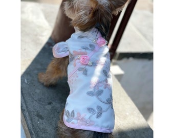 Dog Cheongsam Dog Qipao Pale Pink, 1920s Vintage Flower Embroidered Dress for Cat Dog, New Year Costume Chinese Spring Festival Pet Clothes