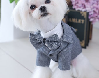 Dog Formal Suit Gray, Dog Wedding Tuxedo with Bow Tie, Dog Birthday Outfit Dog Prince Costume Halloween, Dog Swallow-tailed Coat Grey Jacket