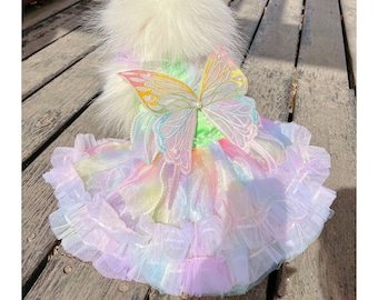 Butterfly Rainbow Fairy Costume, Dog Halloween Costume Magic Rainbow Fairy, Dog Fairy Tutu Dress with Wings, Pet Cosplay Party Prom Gown