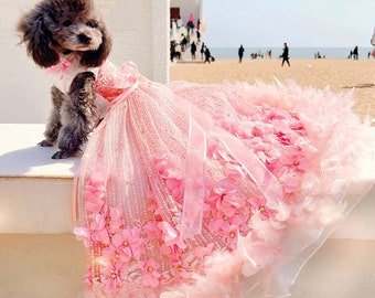 Dog 3D Flower Long Trailing Dress, Pink Floral Feather Dress Floor Length, Cat Dog Wedding Costume Princess Dog Birthday Outfit, Pet Clothes