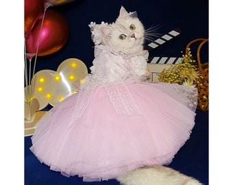 Robe de mariée chat, taille personnalisée, robe de mariée en tulle rose, déguisement de princesse pour demoiselle d'honneur pour animal de compagnie, tenue d'anniversaire pour grands chiens et chats, vêtements personnalisés pour animal de compagnie