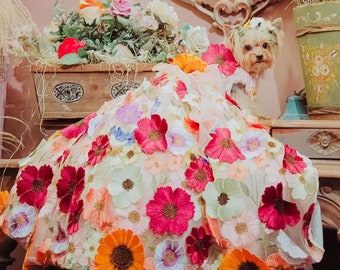 Dog 3D Flower Long Trailing Dress, Multi Floral 3D Dress Floor Length, Cat Dog Wedding Costume, Princess Dog Birthday Outfit, Pet Clothes