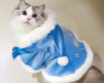 Anpassbarer blauer Kapuzenumhang für Katzen und Hunde, warmer Fleece-Umhang, Weihnachts-Halloween-Kostüm inspiriert von Elsa Schneeflocke, Herbst-Winter-Haustierkleidung