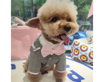 Dog Formal Suit Gray, Dog Wedding Tuxedo with Bow Tie, Dog Birthday Outfit Dog Prince Costume Halloween, Dog Swallow-tailed Coat Grey Jacket