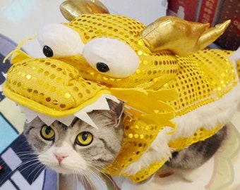 Chinese New Year Dancing Dragon Costume for Cats and Dogs,  Golden Sequin Hoodie Coat for Pet Spring Festival Halloween Party, Dragon Outfit