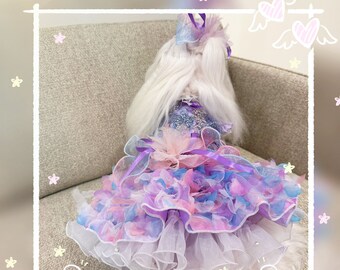 Dog 3D Flower Dress, Lilac Fancy Dog Dress, Pet Wedding Bridesmaid Costume, Dog Princess Costume, Dog Birthday Outfit, Pet Clothes Luxury