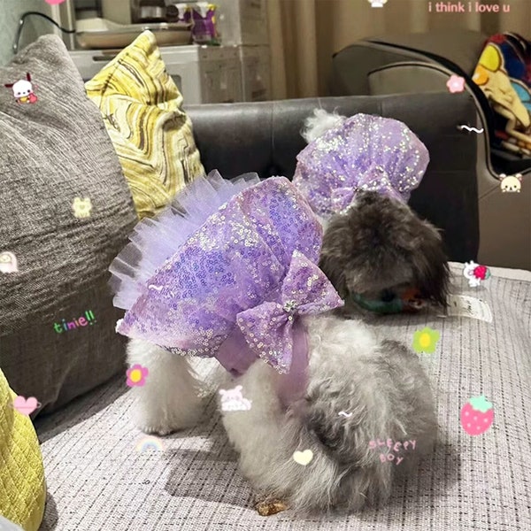 Lavender Sparkling Fancy Dog Dress, Shiny Sequin Disco Prom Tutu Dress for Dog, Cat Dog Birthday Quinceanera Outfit, Pet Clothes Customized