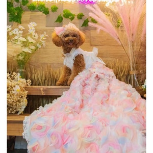 Cat Dog Wedding Dress,Pet Long Trailing Gown Luxury,Dog Princess Costume,Kitten Puppy Birthday Outfit,3D Flower Fairy Dress Pink Pet Clothes