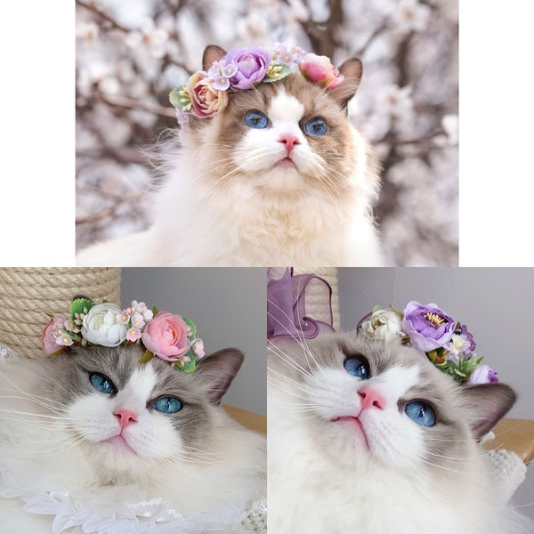 Collar de flores de gato, corona de flores para perros, corona de boda para cachorros, diadema floral para perros, corona de flores para mascotas, corona de flores para niñas pequeñas recién nacidas