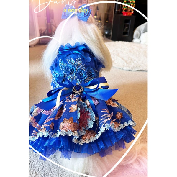 Dog Wedding Dress Blue, Flower Embroidered Tulle Fancy Dress, Dog Prom Gown, Dog Birthday Outfit Dog Princess Costume, Pet Clothes Custom