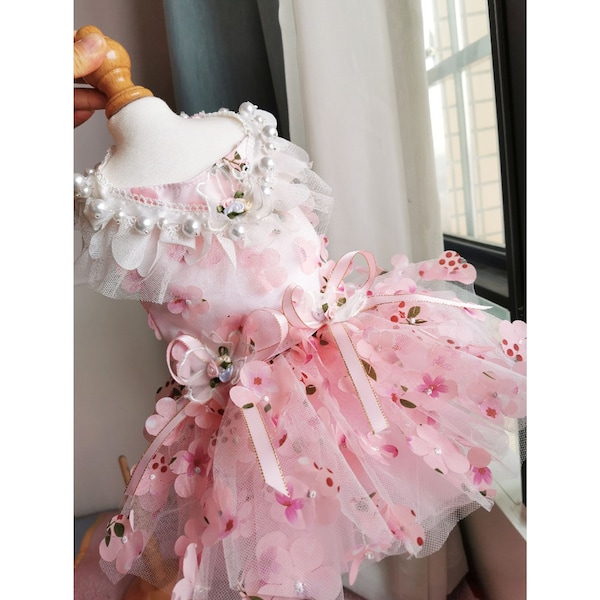 Hond bloemenjurk Sakura roze, 3D bloemenkostuum voor hond en katten, hond bruiloft verjaardag outfit, prinses kostuum huisdier kleding aangepast formaat