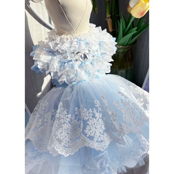 Dog Wedding Dress Pale Blue Tulle Custom Size, Elsa Inspired Princess Costume for Large Dogs Cats Halloween Party, Birthday Gown Pet Clothes