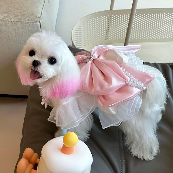 Dog Wedding Dress Custom Size, Pink White Tulle Dress for Large Dogs Cats, Puppy Birthday Party Outfit Princess Costume Summer Pet Clothes