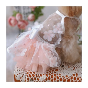 Summer Dog Wedding Dress Custom Size, 3D Flower Peach Pink Tulle Gown Bridesmaid Costume for Large Dogs and Cats,Birthday Outfit Pet Clothes