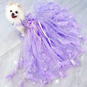 Wedding Sparkly Lilac Long Train Dress for Dogs and Cats, Custom Size Feather Floor Length Gown for Pets Princess Birthday Quineanera Party image 1