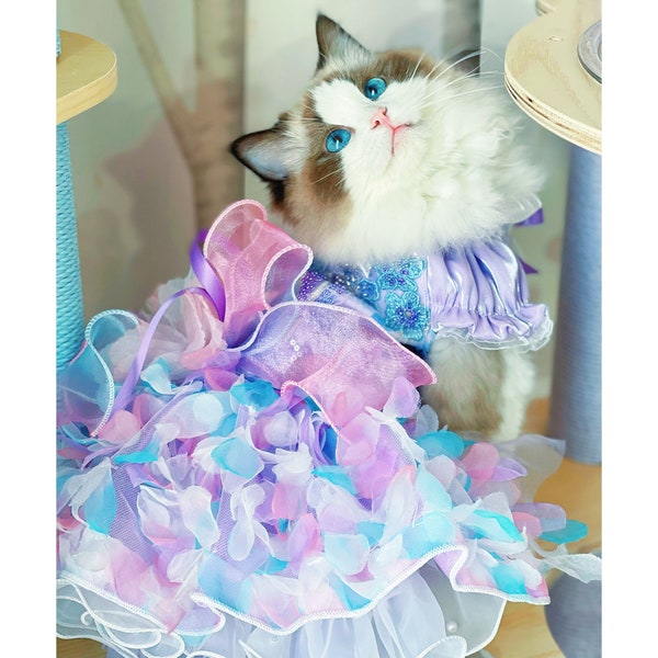 3D Flower Cat Dress, Lilac Fancy Dog Dress, Pet Wedding Bridesmaid Costume, Cat Dog Princess Costume, Dog Birthday Outfit Pet Clothes Luxury