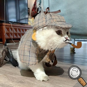 Cat Detective Costume Halloween, Deerstalker Hat with Ears Hole, Sherlock Holmes Inspired Detective Cape for Large Cat, Custom Pet Clothes