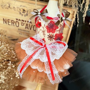 Summer Floral Pet Dress, Red Orange Flower Strappy Dress for Dogs and Cats, Wedding Birthday Dog Dress, Pet Halloween Costume Flower Fairy