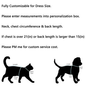 K&ouml;nnte beinhalten: Eine schwarze Silhouettengrafik einer Katze und eines Hundes, die Messpunkte f&uuml;r Hals, Brust und R&uuml;ckenl&auml;nge zeigt. Der Text lautet: Fully Customizable for Dress Size. Please enter measurements into personalization box. Neck, chest circumference & back length. If chest is over 21(in) or back length is larger than 15(in) Please PM me for custom service cost.